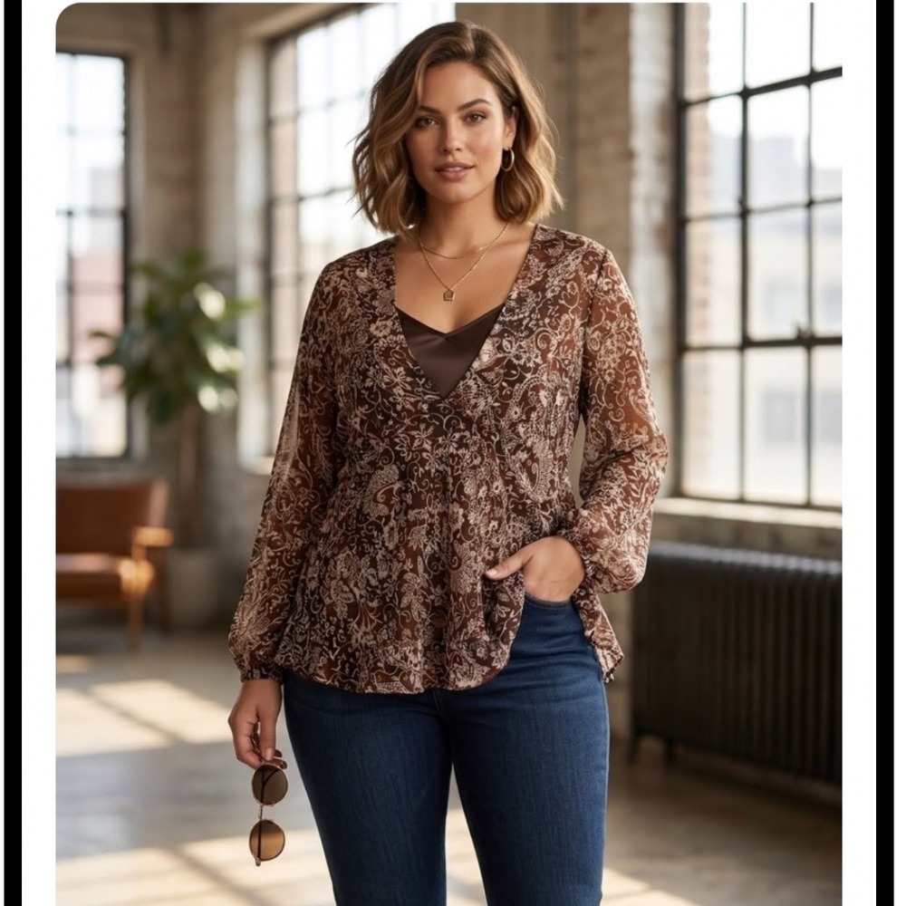 Avenue Brown Paisley Chiffon Blouse with Camisole Liner Size 18/20 Boho Top